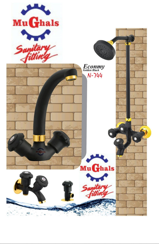 Economy Brass Black Gold Bath Set flower-Head– Premium Bathroom Shower | MuGhal's Sanitary (10-Year Warranty)